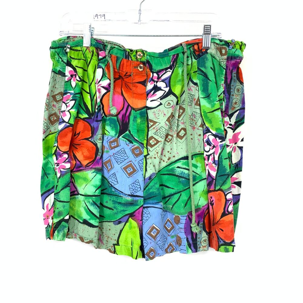 Vintage 80s Boom Bermuda Shorts Multicolor Floral Print Womens Sz M Tie Waist